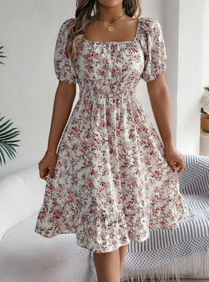 Broken Flower Square Collar Short Sleeve Dress