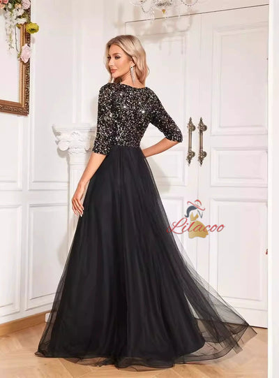 Black Sequins Tulle V-neck Short Sleeve Prom Dress