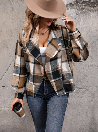 Plaid Cardigan Retro Lapel Zipper Coat