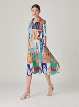 Printed Pleated Single-breasted Long Dress