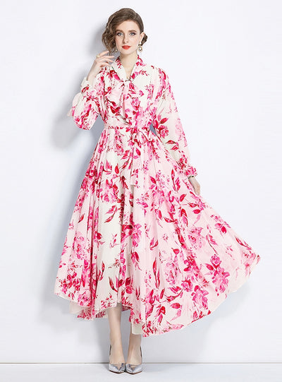 Retro Chiffon Printed Long Sleeve Slim Dress