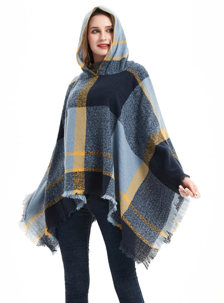 Blue Plaid Hooded Shawl Cloak