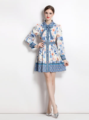 Printed Retro Lapel Lantern Sleeve Dress