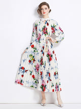 Printed Lantern Sleeve Pleated Tassel Belt Dress