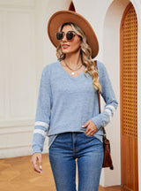 V-neck Contrast Stitching Long Sleeve T-shirt