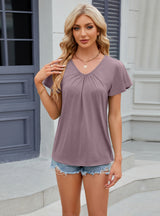 Solid Color Pleated V-neck Short Sleeve T-shirt