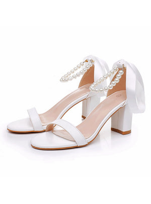 7 cm Thick Heel Round Toe Beaded High Heel Sandals