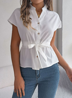 Casual Solid Color Button Drawstring Short Sleeve Shirt