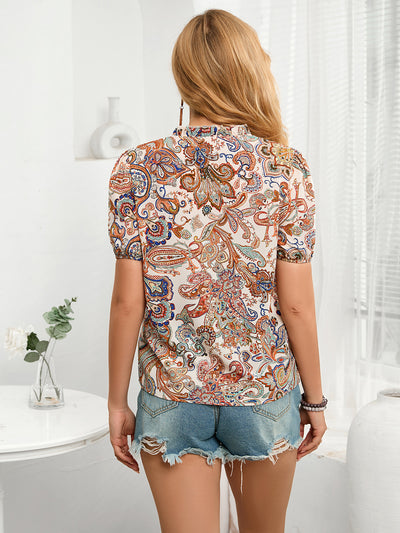 V-neck Short Sleeved Temperament Printed Shirt