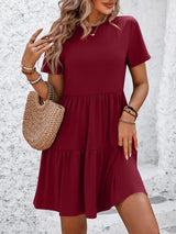 V-neck Pleated Short-sleeved Dress