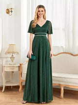 Green V-neck Short Sleeve Prom Dress