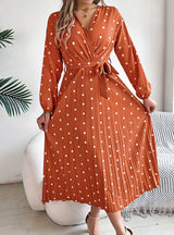 V-neck Pleated Polka Dots Long Dress