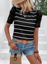 Summer Hollow Striped Round Neck T-shirt