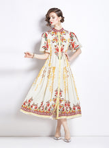 Retro Stand-up Collar Lantern Sleeve Printed Dress