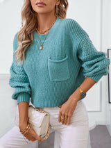 Solid Color Pocket Round Neck Long Sleeve Sweater