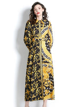 Retro Lapel Lantern Sleeve Long Printed Dress