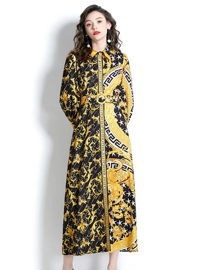 Retro Lapel Lantern Sleeve Long Printed Dress