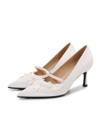 Thin-heeled Pointed White Pearl Shoes