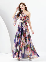 One Shoulder Chiffon Long Sleeve Print Summer Dress