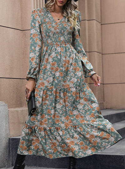 Long Sleeve V-neck Print Long Dress