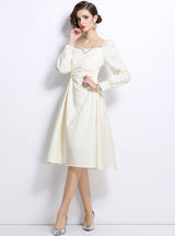 Nail Drill Beige Bubble Sleeve Silm Waist Dress