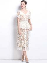 Lapel Short Sleeve Lace Slim Waist Dress