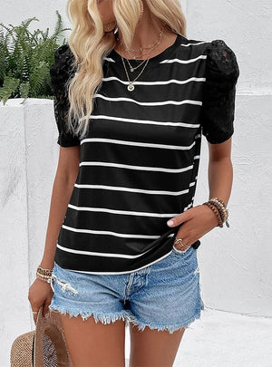 Retro Lace Bubble Sleeve Striped T-shirt