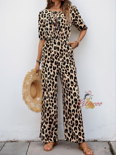 Strapped High Waist Leopard Print One-piece Jumpersuit