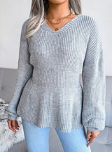 Lantern Sleeve Ruffled Knitted Sweater