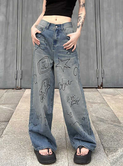 Star Graffiti Blue High-waisted Jeans