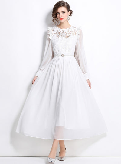 Lace Stitching Chiffon Long Sleeve Dress