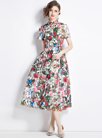 Ink Printed Butterfly Short Sleeve Slim Dress