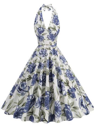 Printed Hepburn High Waist Halter Dress