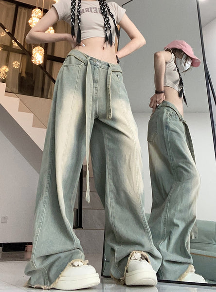 Strapped Low Waist Wide Leg Jeans