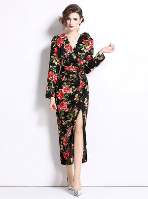 Three-dimensional Flower Split Slim Print Dress