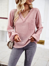 Solid Color V-neck Long Sleeve Top