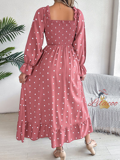 Leisure Square Neck Polka-dot Long Dress