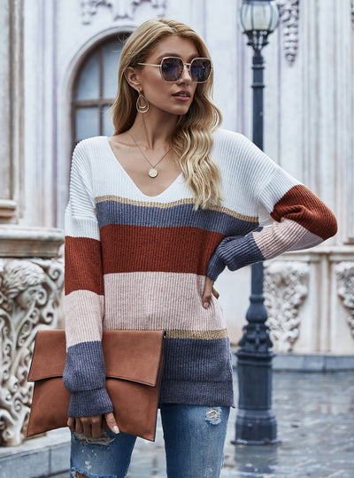 Striped V-neck Pullover Sweater