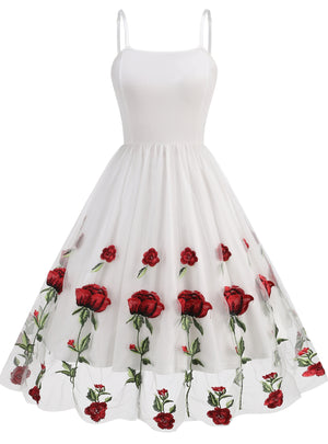 Retro Suspender Mesh Rose Embroidery Dress