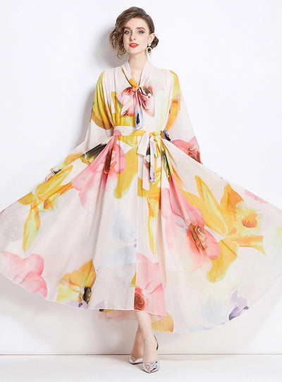 Retro Chiffon Printed Long-sleeved Big Swing Dress