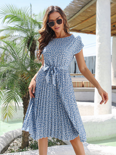 Casual Short Sleeve Pleats Floral Dress