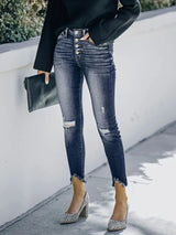 High Elastic Hole-torn Mid Waist Nine-point Jeans