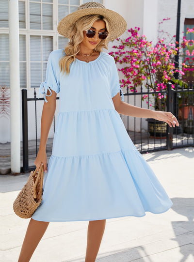 Round Neck Pleated Short Sleeve Dress