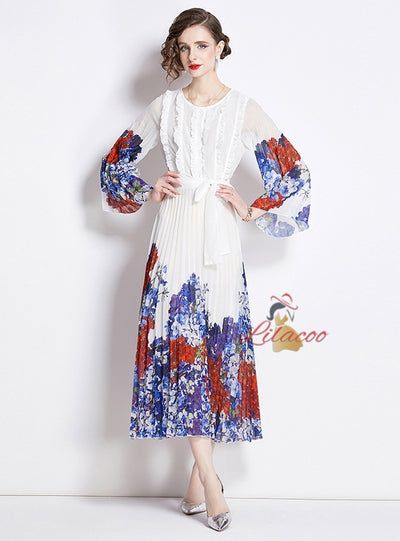 Printed Lace Stitching Pleated Dress