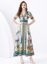 Holiday Short Sleeve Printed Long Dress