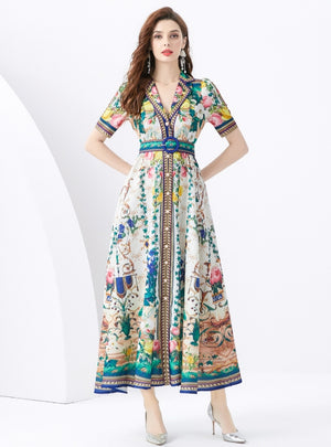 Holiday Short Sleeve Printed Long Dress