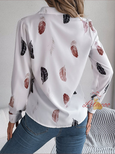 Feather Printed Suit Collar Long Sleeve Shirt