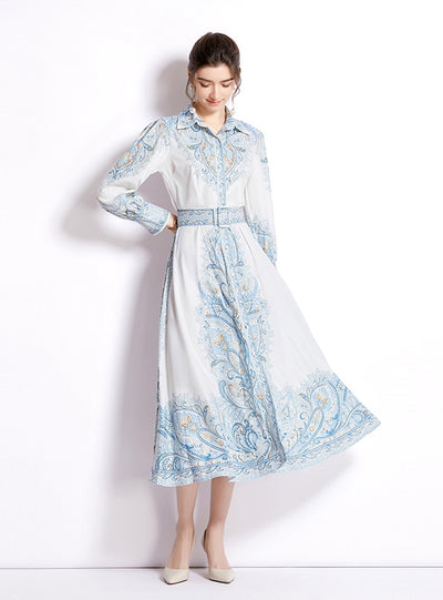 Printed Long Sleeve High Waist Slim Dress