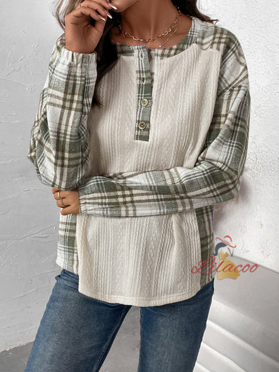 Plaid Stitching Long Sleeve Round Neck T-shirt