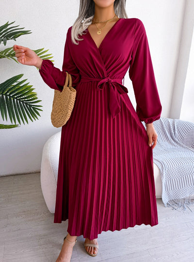 Cross V-neck Pleated Long Sleeve Dress